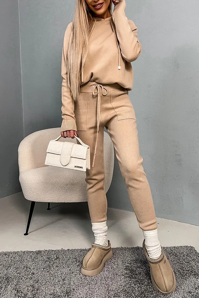Women's solid color knitted top and pants two-piece set