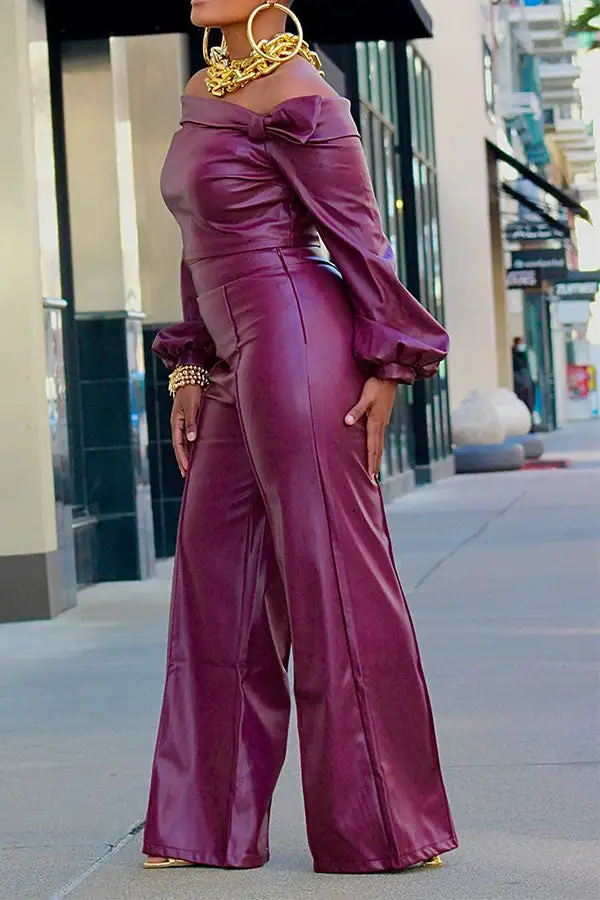 Wine Red Off-Shoulder Knotted PU Pant Set