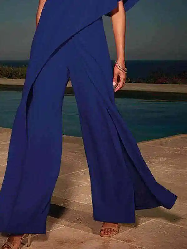 Urban Solid Color Tiered One-Shoulder Wide Leg Jumpsuits
