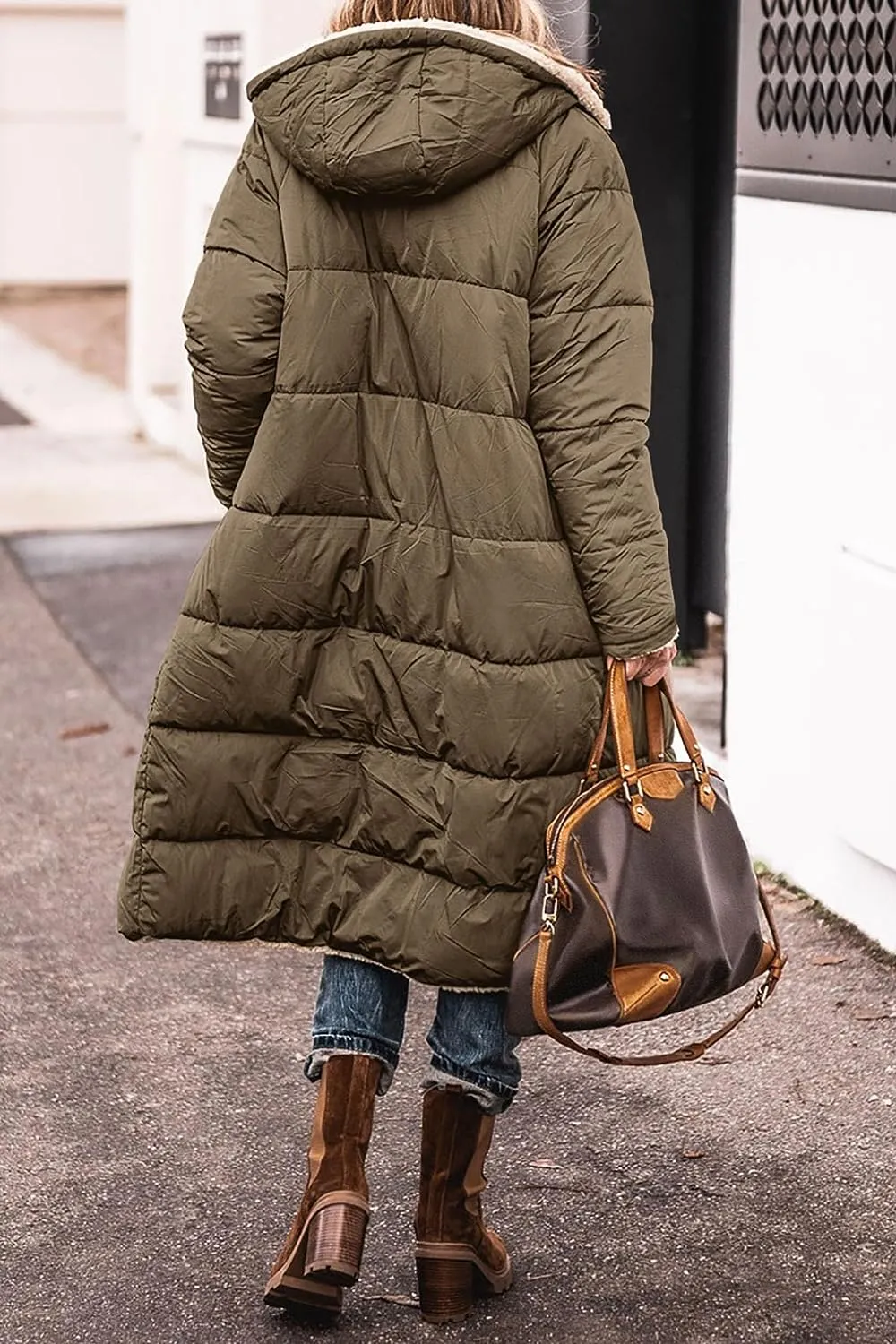 Women's 2023 Warm Winter Coats Reversible Sherpa Fleece Long Hooded Puffer Jackets Outerwear