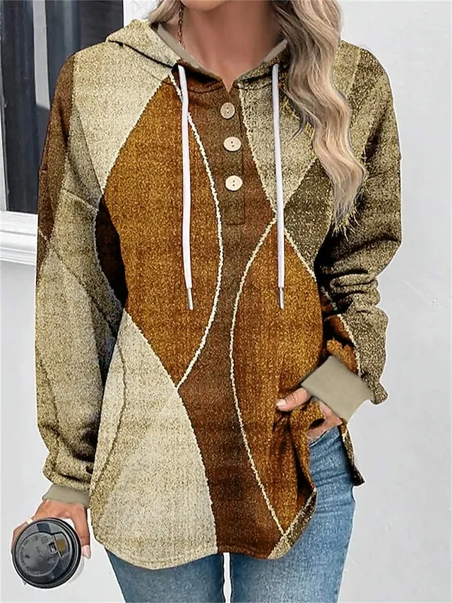 Women's Hoodie Sweatshirt Pullover Basic Button Drawstring Yellow Red Blue Color Block Casual Sports Hoodie Long Sleeve Top Micro-elastic Fall & Winter