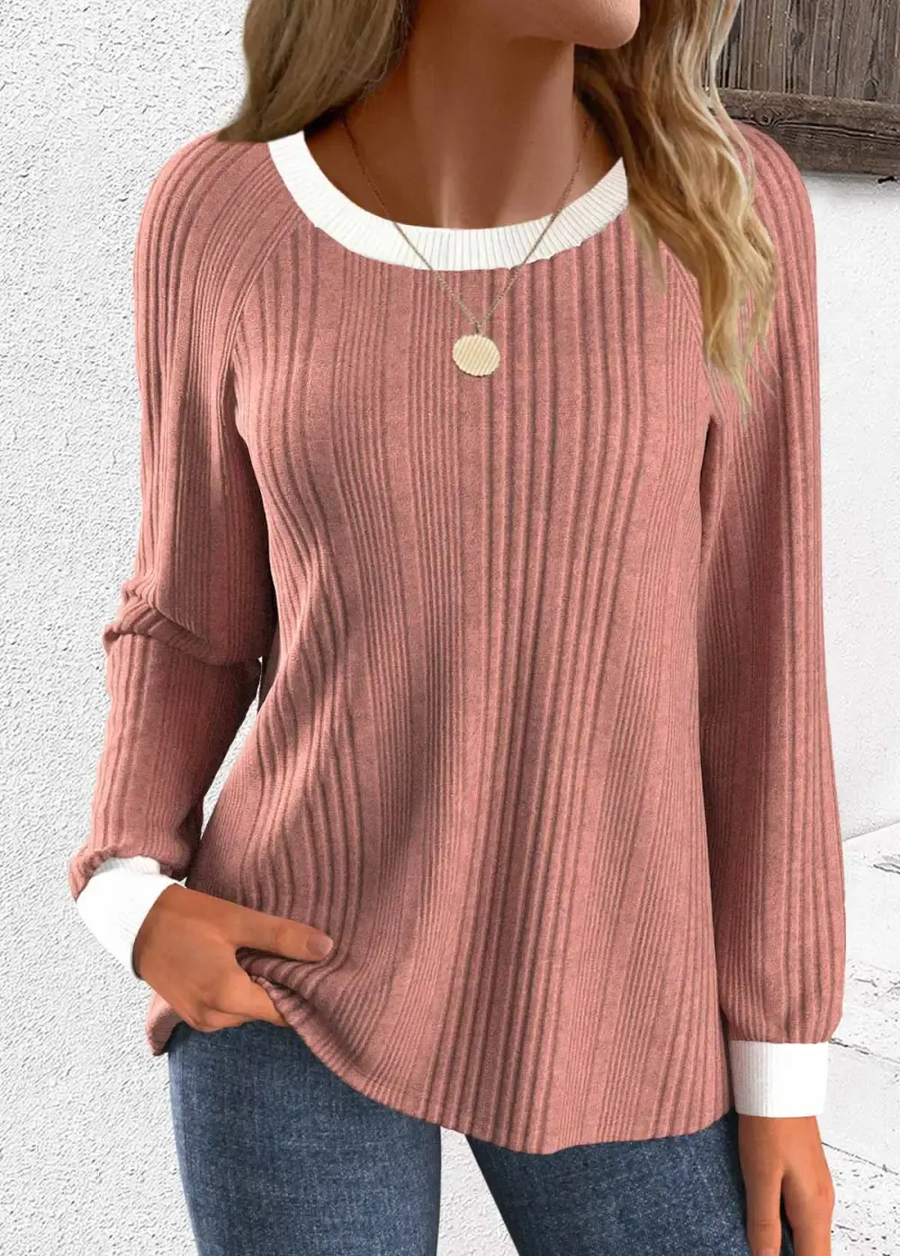 Dusty Pink Patchwork Long Sleeve Round Neck Sweatshirt