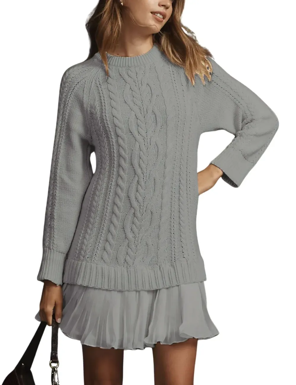 ✨Women Crewneck Cable Knit Sweater Mini Dress