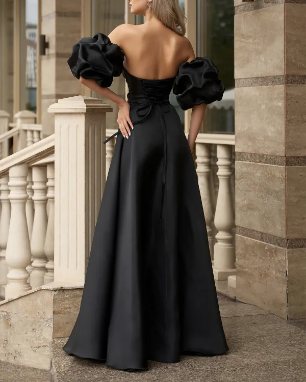 Women's Puff Sleeves Slit Solid Color Party Dress