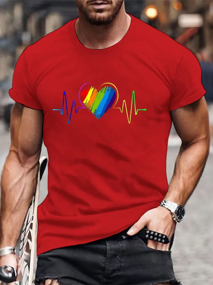 Men'S T-Shirt With Pure Cotton Round Neck, Rainbow Heartbeat, LGBT