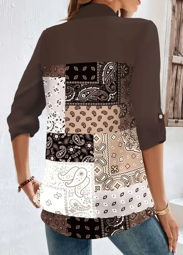 Dark Coffee Button Tribal Print Long Sleeve Blouse