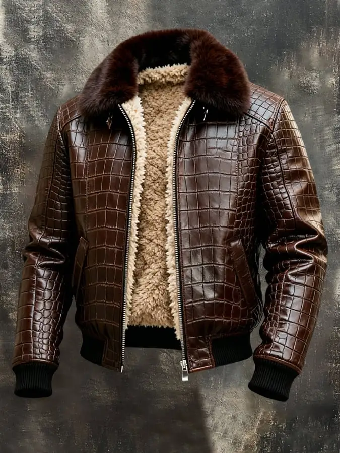 Men's Vintage Plush Warm Crocodile Textured Outdoor Jacket Leather Coat