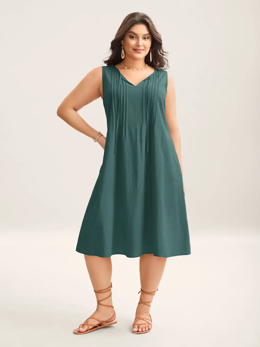 Cotton Toothpick Pleat Plain Midi Dress