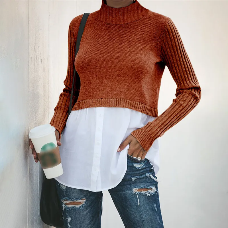 Commuting Solid Color Fake Two Pieces Pullover Jumper