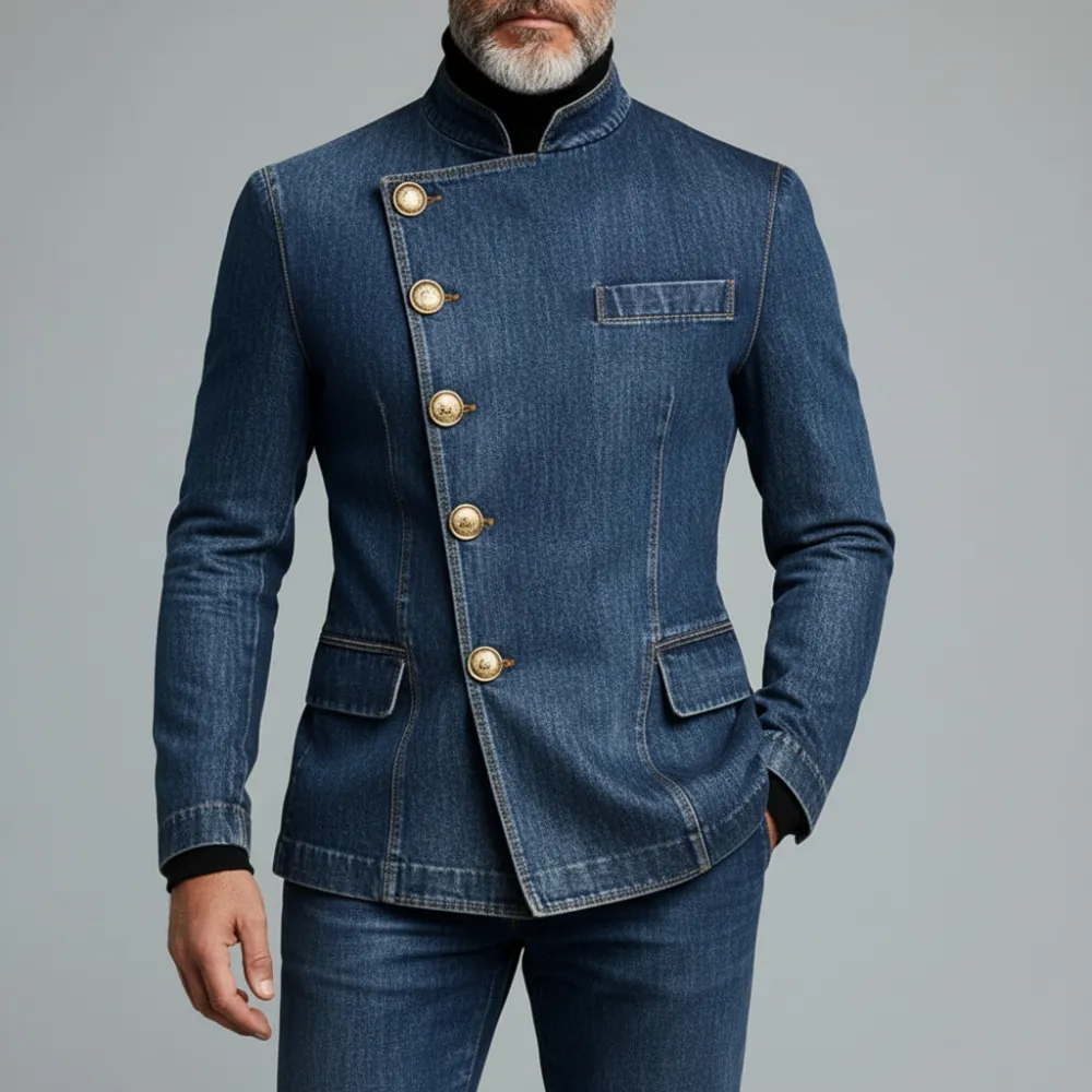 Men's Blue Stand Collar Asymmetrical Button Long Sleeve Denim Jacket