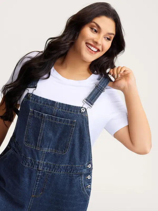 Cotton Relaxed-Fit Side Button Overall Denim Jumpsuit