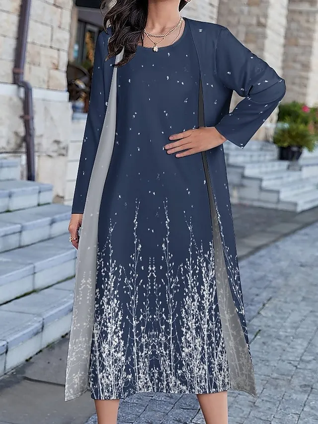 Women's Two Piece Dress Church Dress Long Dress Maxi Dress Dusty Blue Long Sleeve Color Block Print Summer Spring Crew Neck Stylish Winter Dress Fall Dress Loose Fit 2023 S M L XL XXL 3XL 4XL 5XL