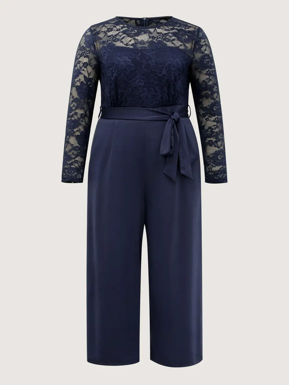 Sheer Lace Trim Belted Pockets Jumpsuit