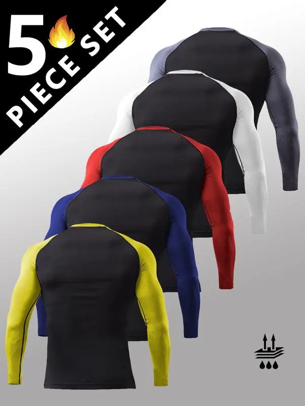5-Pack Men's Long Sleeve Shirts – Quick Dry, Moisture-Wicking, Breathable, UV Protection, Slim Fit for Sports & Outdoor