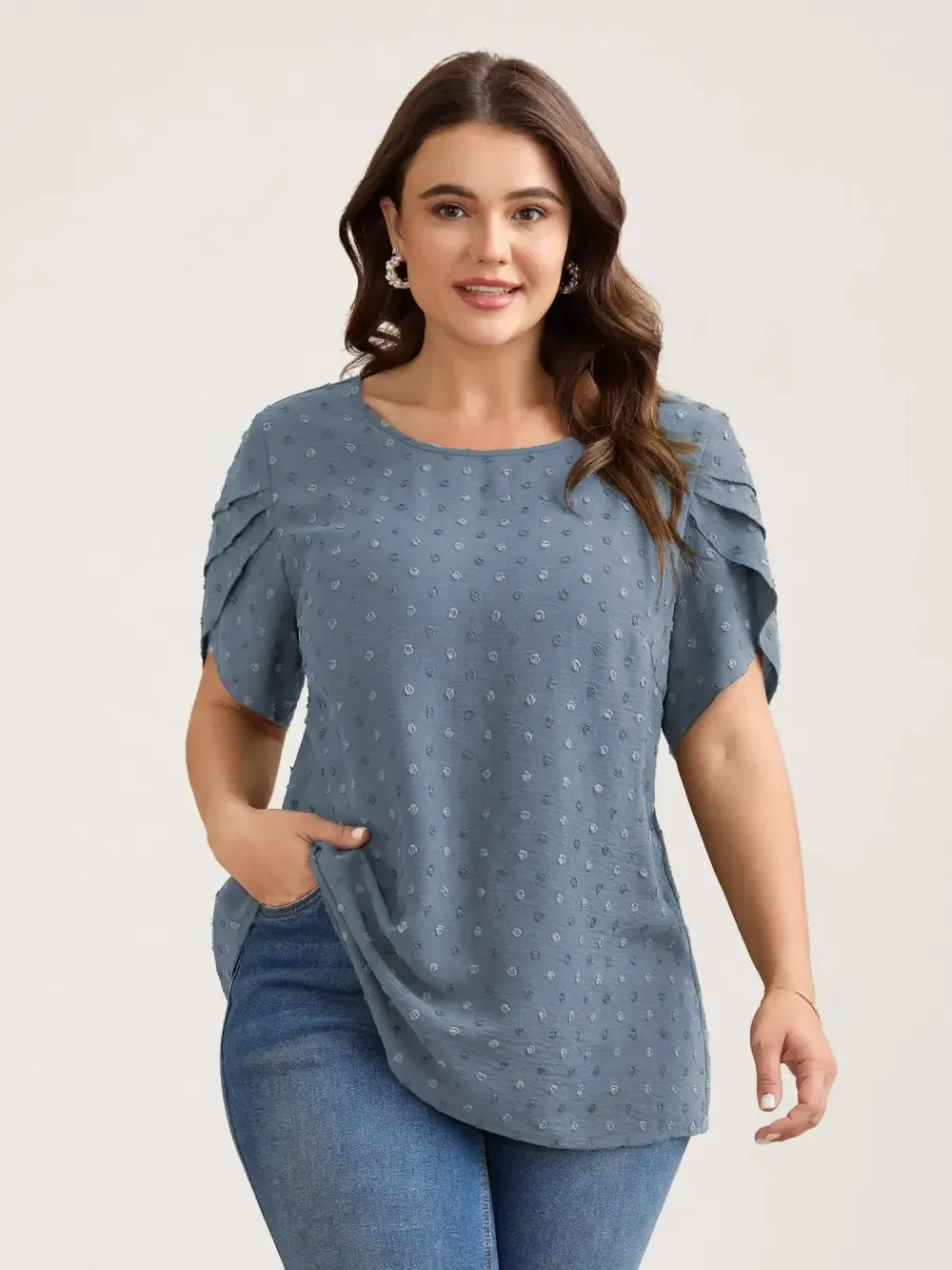 Textured Color Contrast Petal Sleeve Blouse