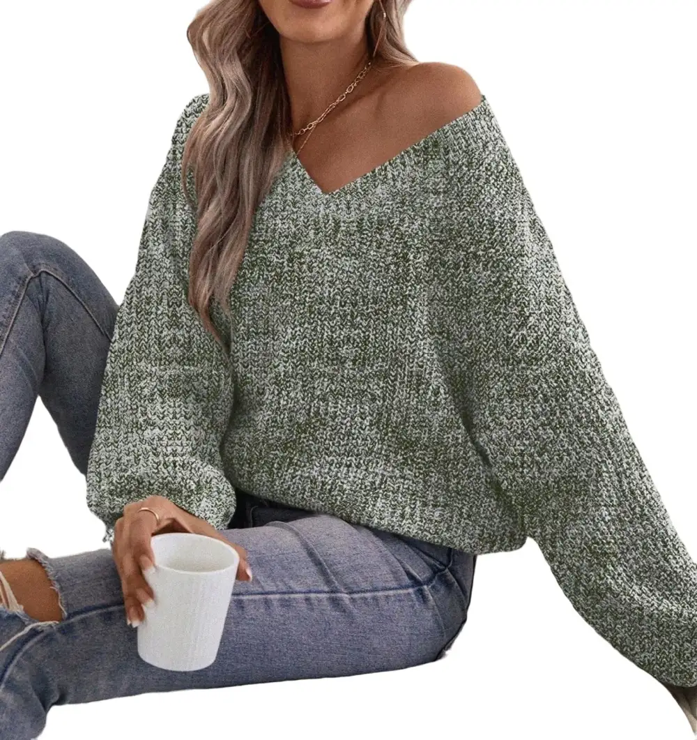 Casual Plain V neck Pullovers Long Sleeve Brown Women Sweaters (Women's)