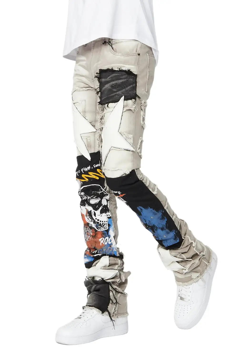 Brave Grey Wash Patchwork Super Stacked Jean