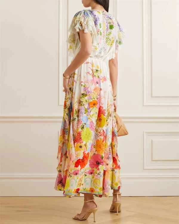 Women's V-neck Ruffle Print Dress