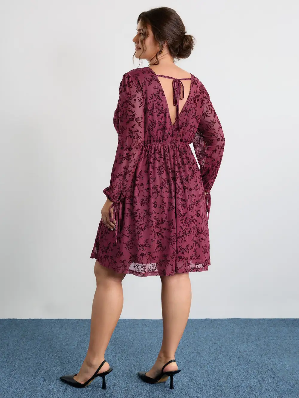 Flocked Wrap Backless Tie Pockets Mini Dress