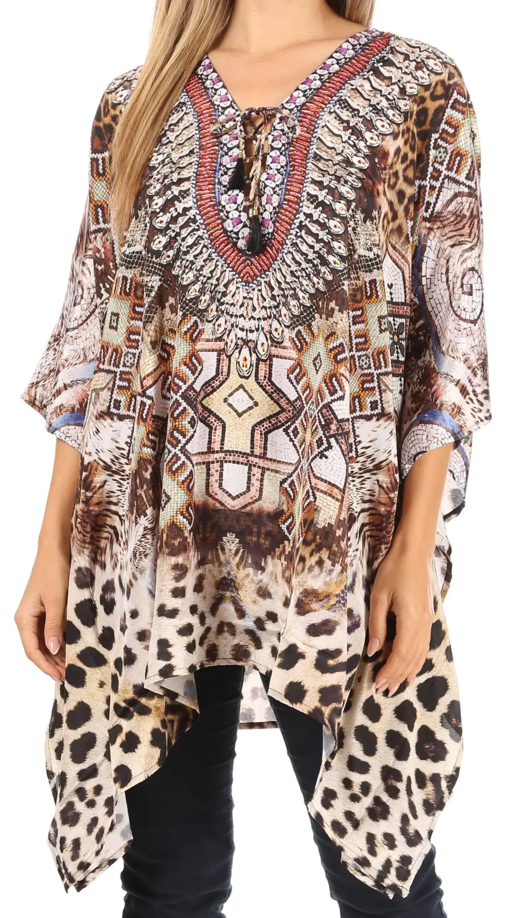 Women's Caftan Poncho Cover up V neck Top Lace up With Rhinestone