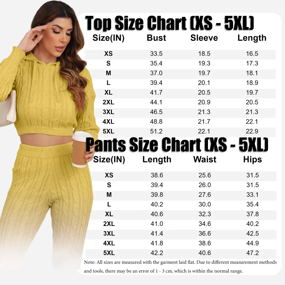 Two-piece Set Women's Solid Drop Shoulder Cable Knit Crop Sweater & High Waist Pants