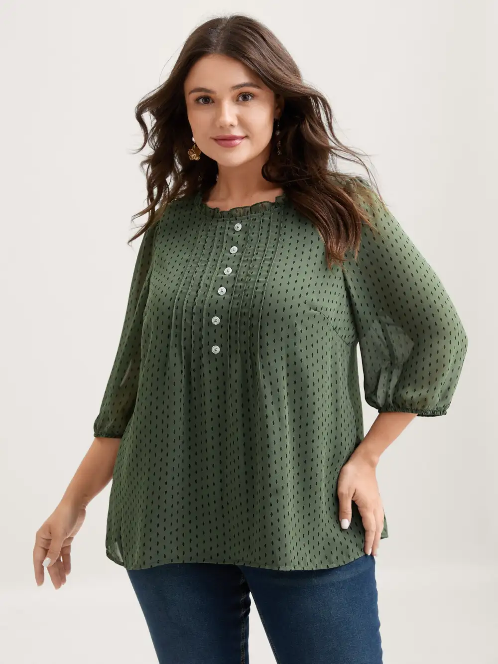 Polka Dots Pin Tuck Button Detail Blouse