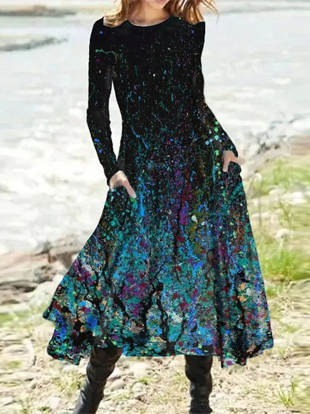 Women‘s Casual Dress Swing Dress Midi Dress Blue Yellow Rainbow Long Sleeve Color Gradient Pocket Print Winter Fall Crew Neck Vacation Casual Fall Dress 2023 S M L XL XXL 3XL