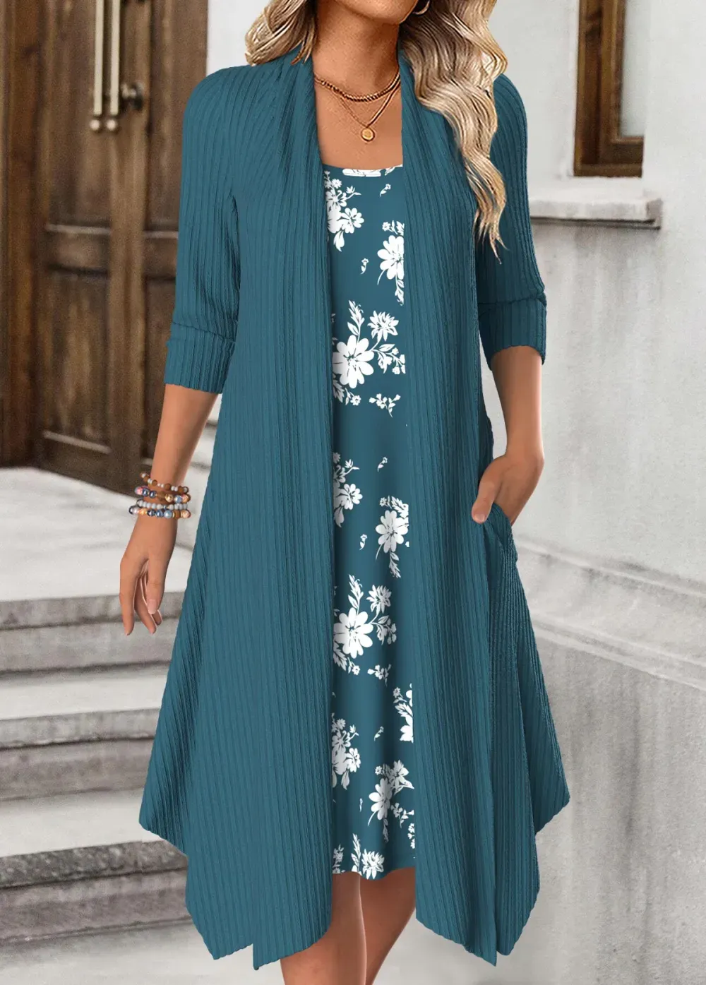 Peacock Blue Tummy Coverage Floral Print Long Sleeve Dress