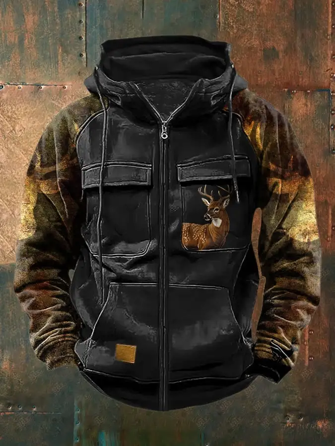 Men's Vintage Western Deer Print Multi-Pocket Jacket