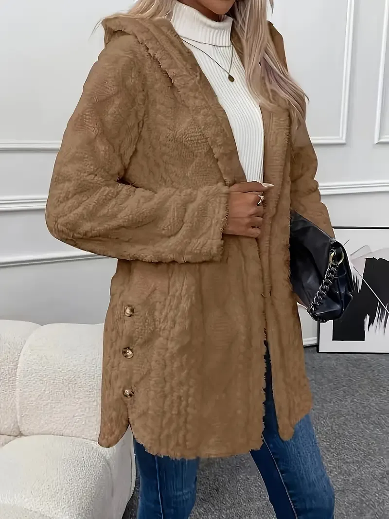 Luxurious Faux Fur Teddy Coat - Elegant Long Sleeve Split Side Hooded Outwear for Women - Soft, Warm, and Chic Winter Clothing