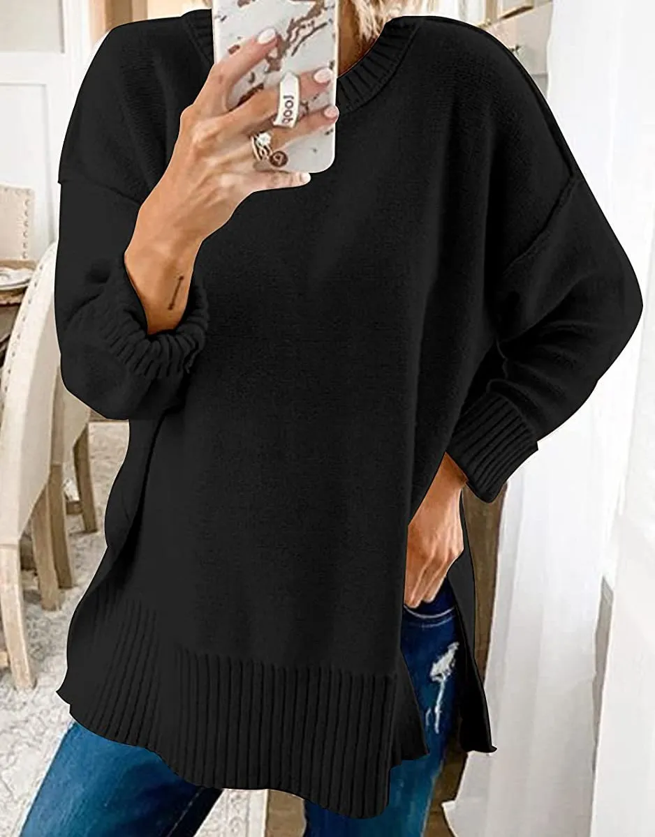 Women With Round Neck Long Sleeves And Slit Sweaters