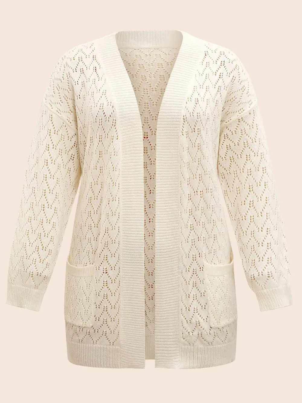 Kimono Collar Patch Pocket Pointelle Knit Cardigan