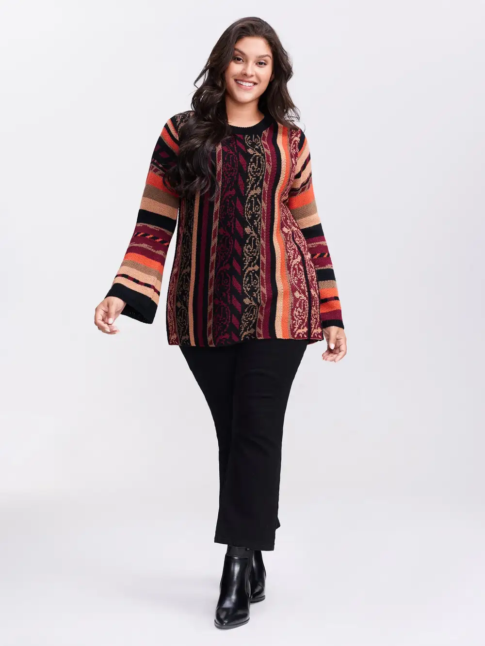 Boho Stripe Flared Sleeve Stretchy Pullover