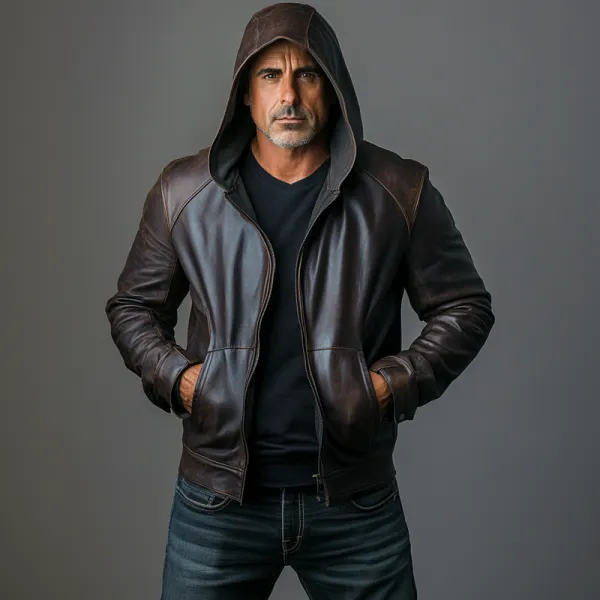 Men's PU Leather Slant Pocket Zipper Long Sleeve Hooded Jacket