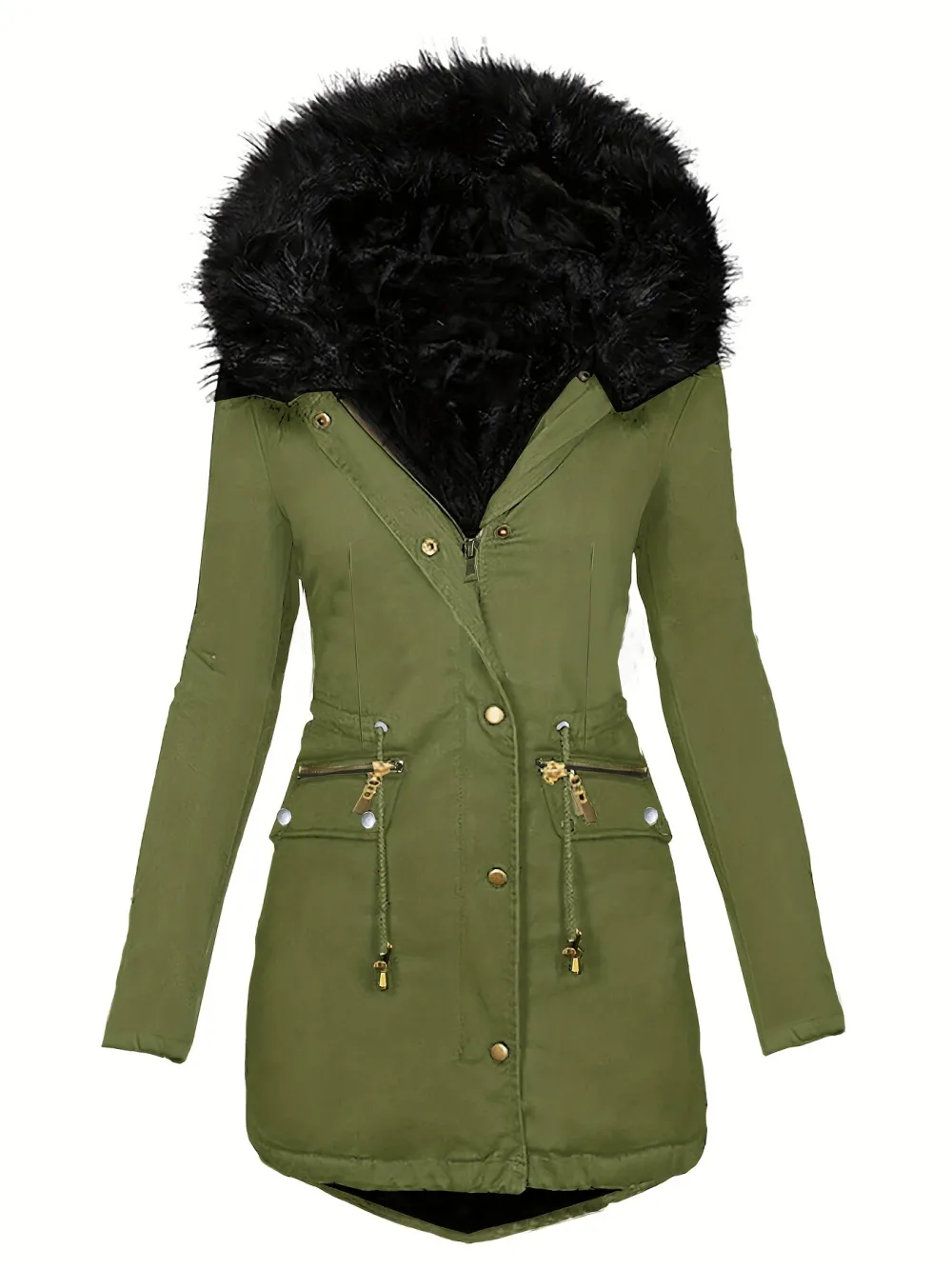 Stylish Faux Fur Trim Parka Coat - Women's Clothing - Zip-Up Thermal Overcoat with Button Front Pockets, Drawstring Hood, and Soft Faux Fur Lining for Winter Warmth