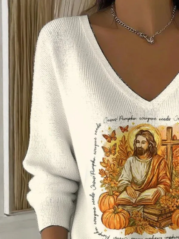 Jesus Copy V Neck Regular Fit Casual Sweater