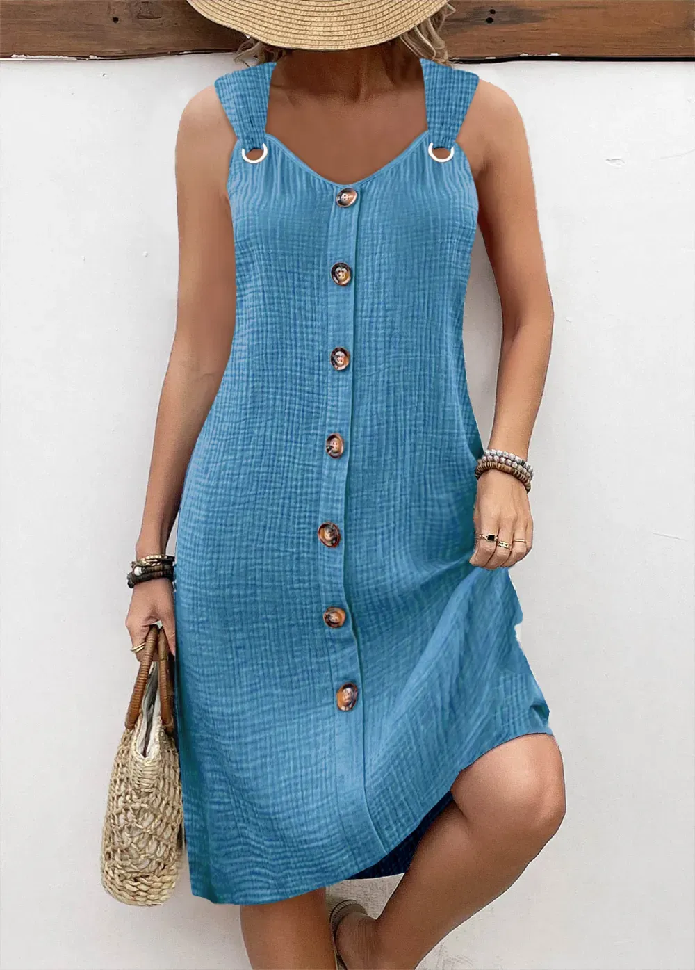 Dusty Blue Breathable A Line Sleeveless V Neck Dress