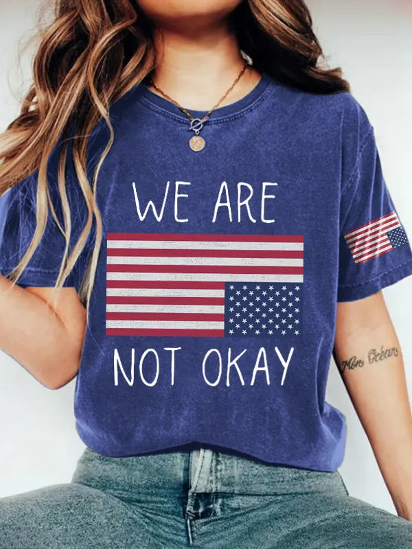 Women'S T-Shirt Retro We Are Not Ok Printed T-Shirt Wash Texture Pure Cotton Round Neck Short Sleeve