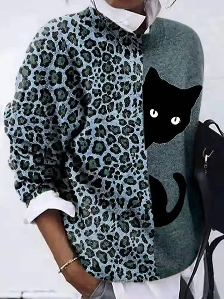 Women's Sweaters Leopard Cat Crew Neck Long Sleeve T-Shirt