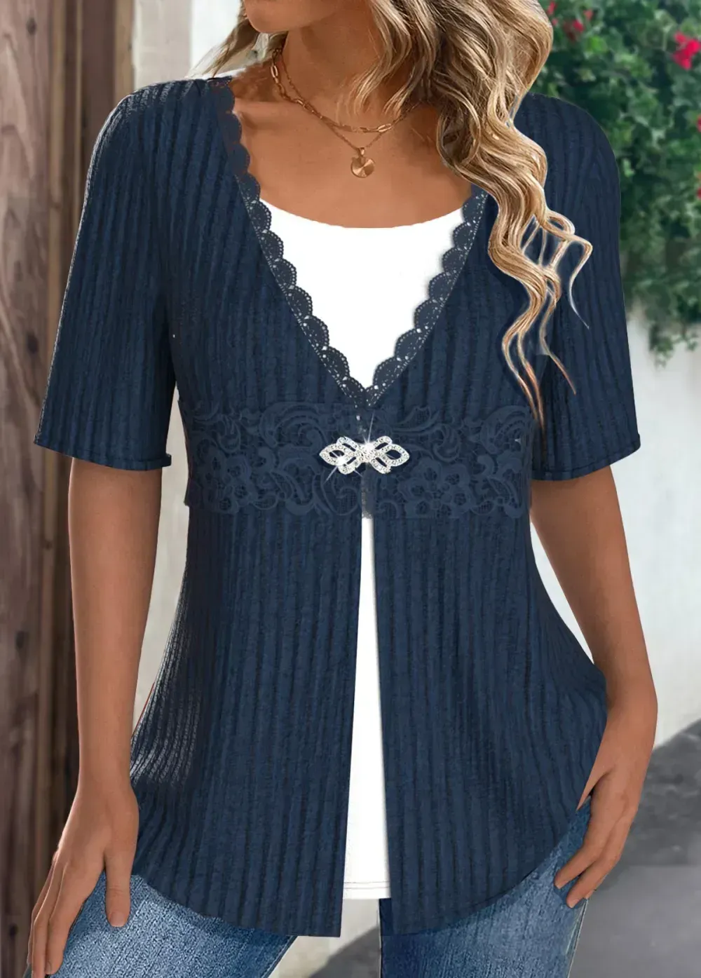 Navy Embroidery Short Sleeve Fake Two Piece Twinset