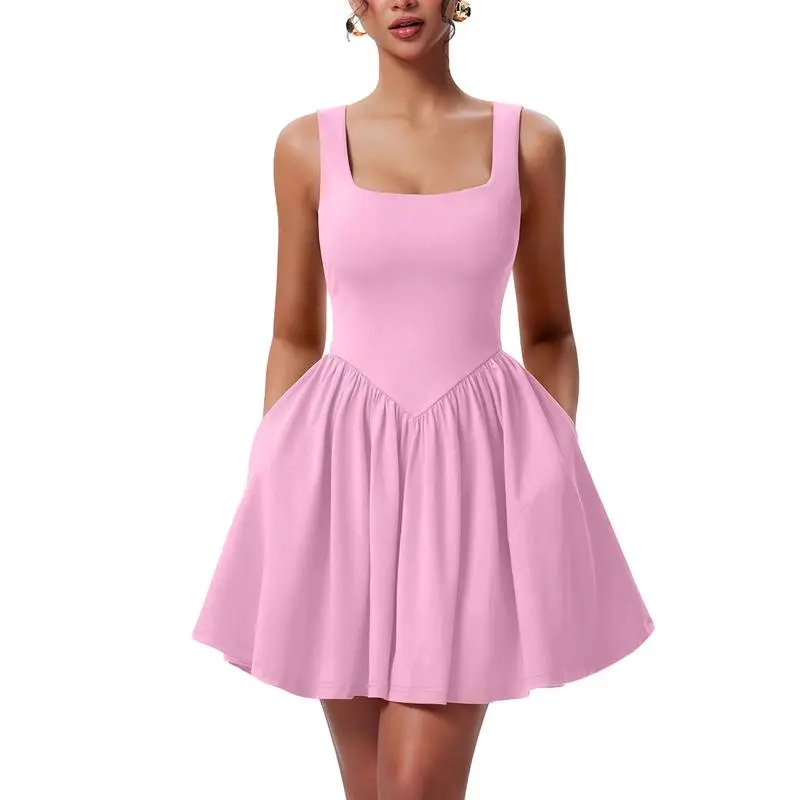 Women's Summer Sleeveless Square Neck A-line Ruffle Hem Mini Tank Dress With Pockets