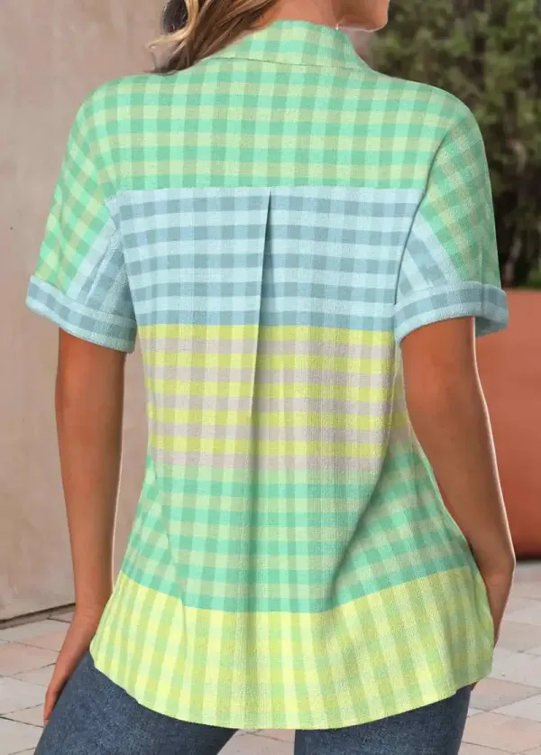 Multi Color Pocket Plaid Short Sleeve Shirt Collar Blouse