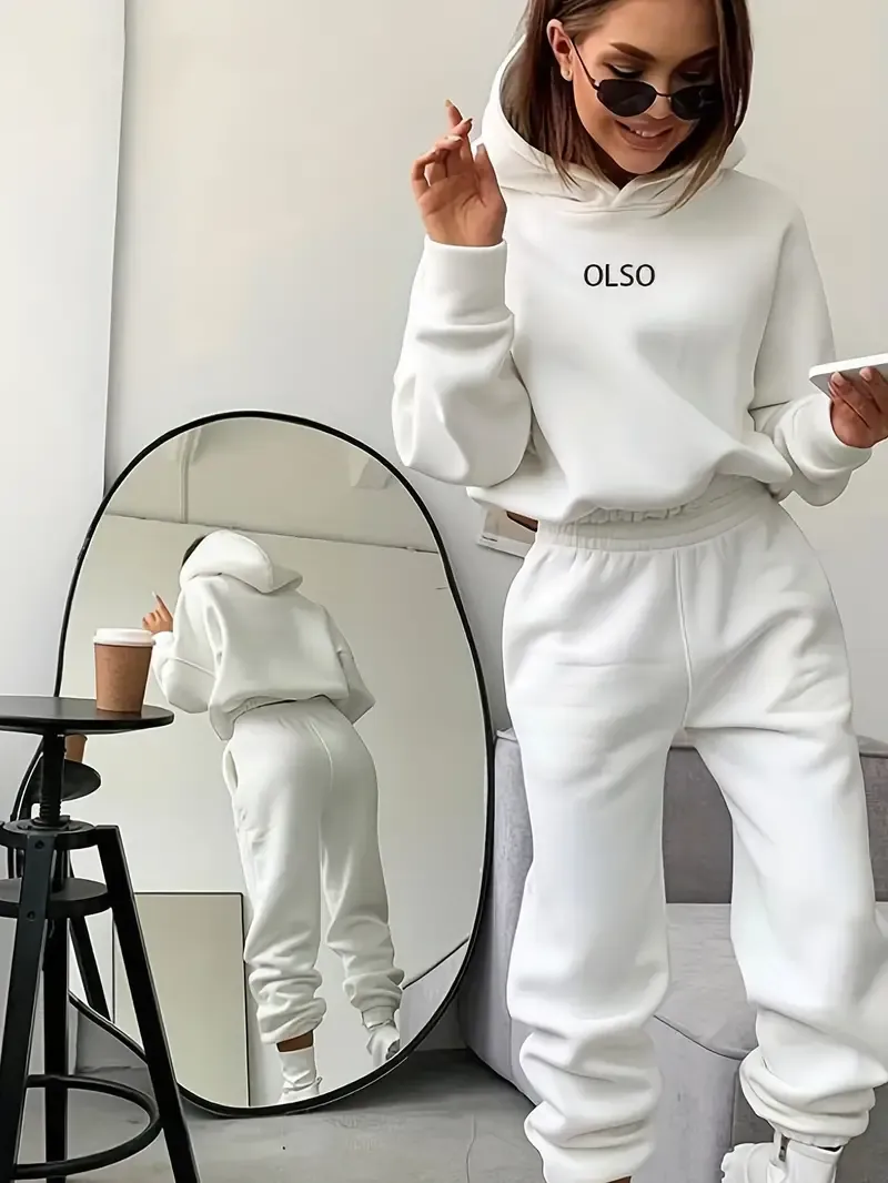 Casual Two-piece Set, Letter Print Long Sleeve Hooded Sweatshirt & Elastic Waist Sweatpants Outfits, Women's Clothing