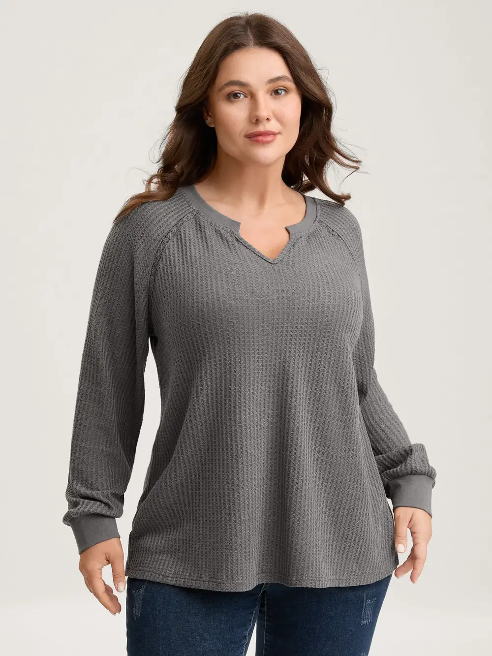 Waffle Grid Notched Collar Lace Sweatshirt