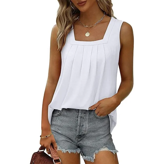 Tank Women's Wine Red Black White Solid / Plain Color Pleated Daily Basic Square Neck S