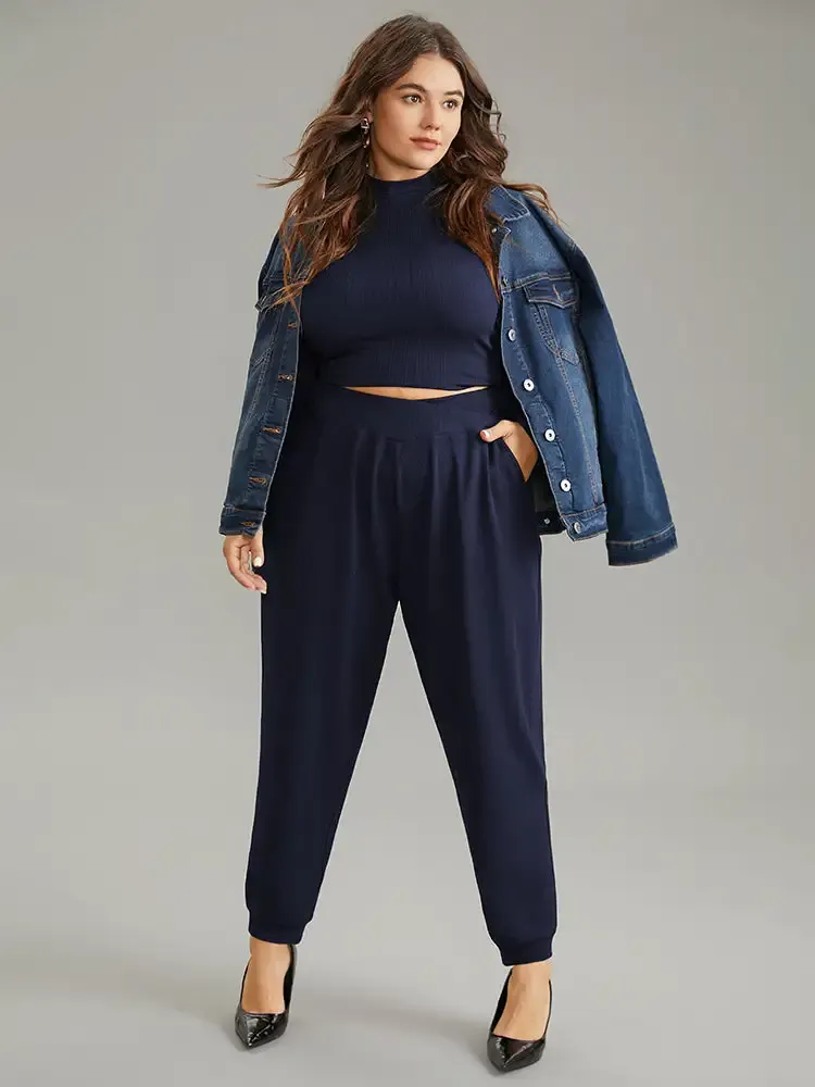 Crossover Plain Texture High Rise Pants