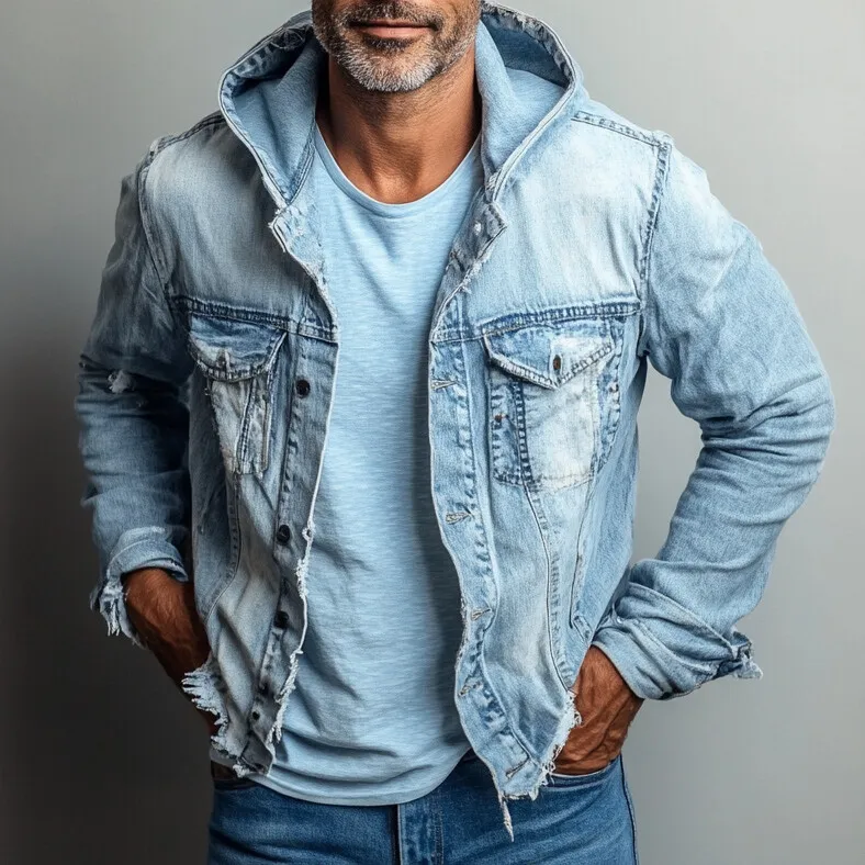 Men's Denim Button Long Sleeve Hooded Jacket