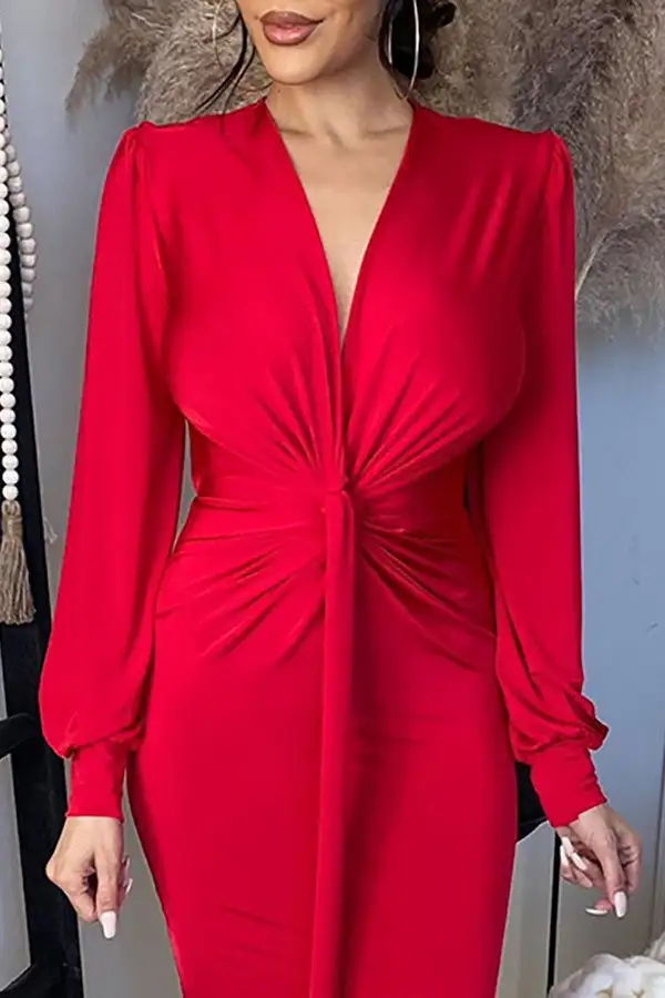 Red Simple Twisted Ribbon High Split Maxi Dress