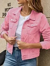 Women's Denim Jacket Comfortable Pocket Buttons Casual Plain Holiday Weekend Single Breasted Regular Turndown Regular Fit Long Sleeve Outerwear Black White Yellow Fall