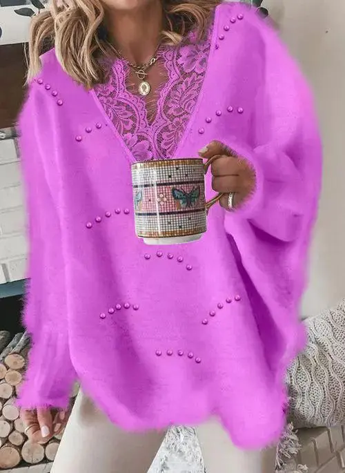 V-neckline Solid Color Casual Lace H-line Sweaters